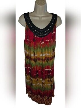 Elementz Multicolor Tie-Dye Midi Dress with Black Crochet Scoop